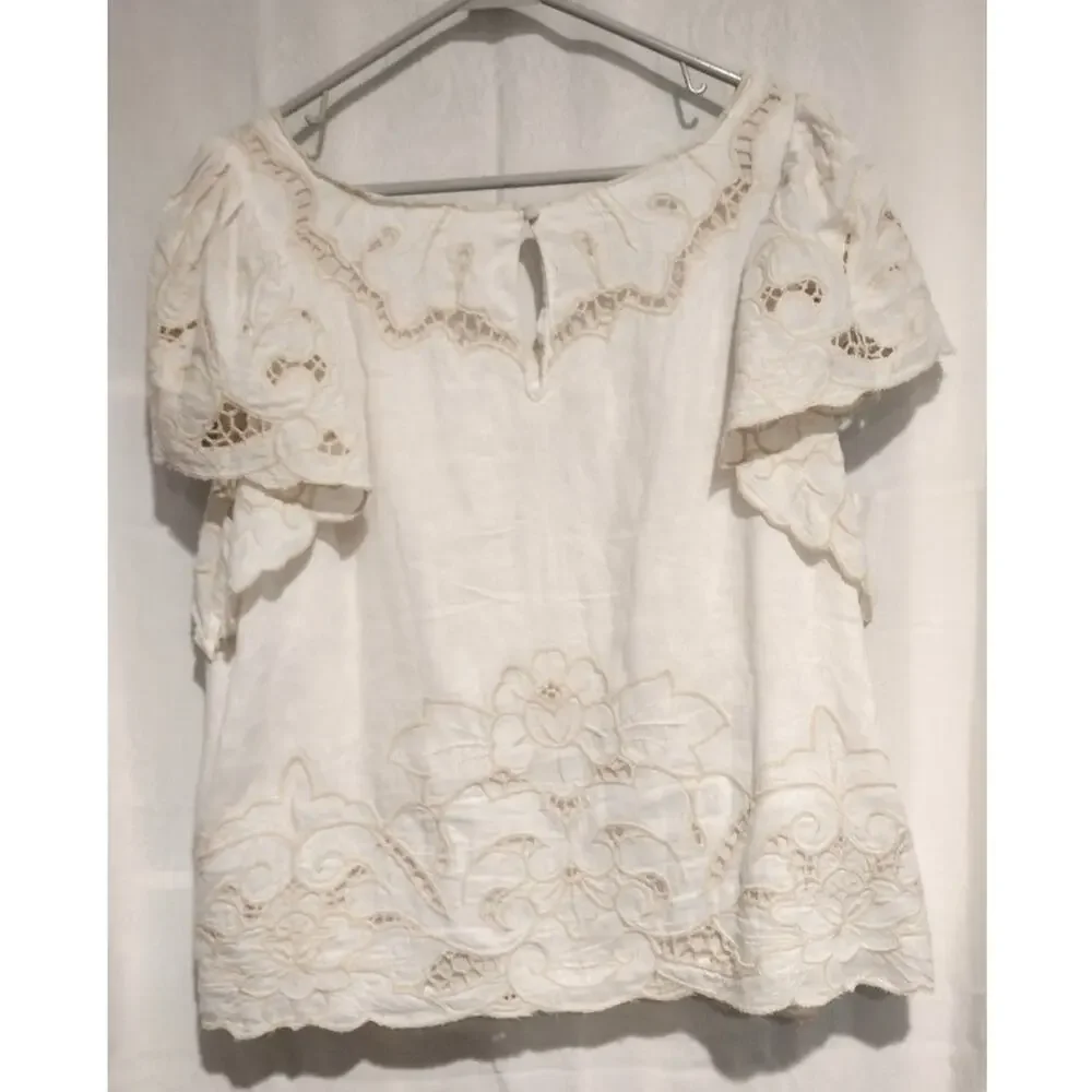 Anthropologie XL Lainie Embroidered Lace Cutwork Blouse Cream Boho Chic Coastal - Picture 4 of 10